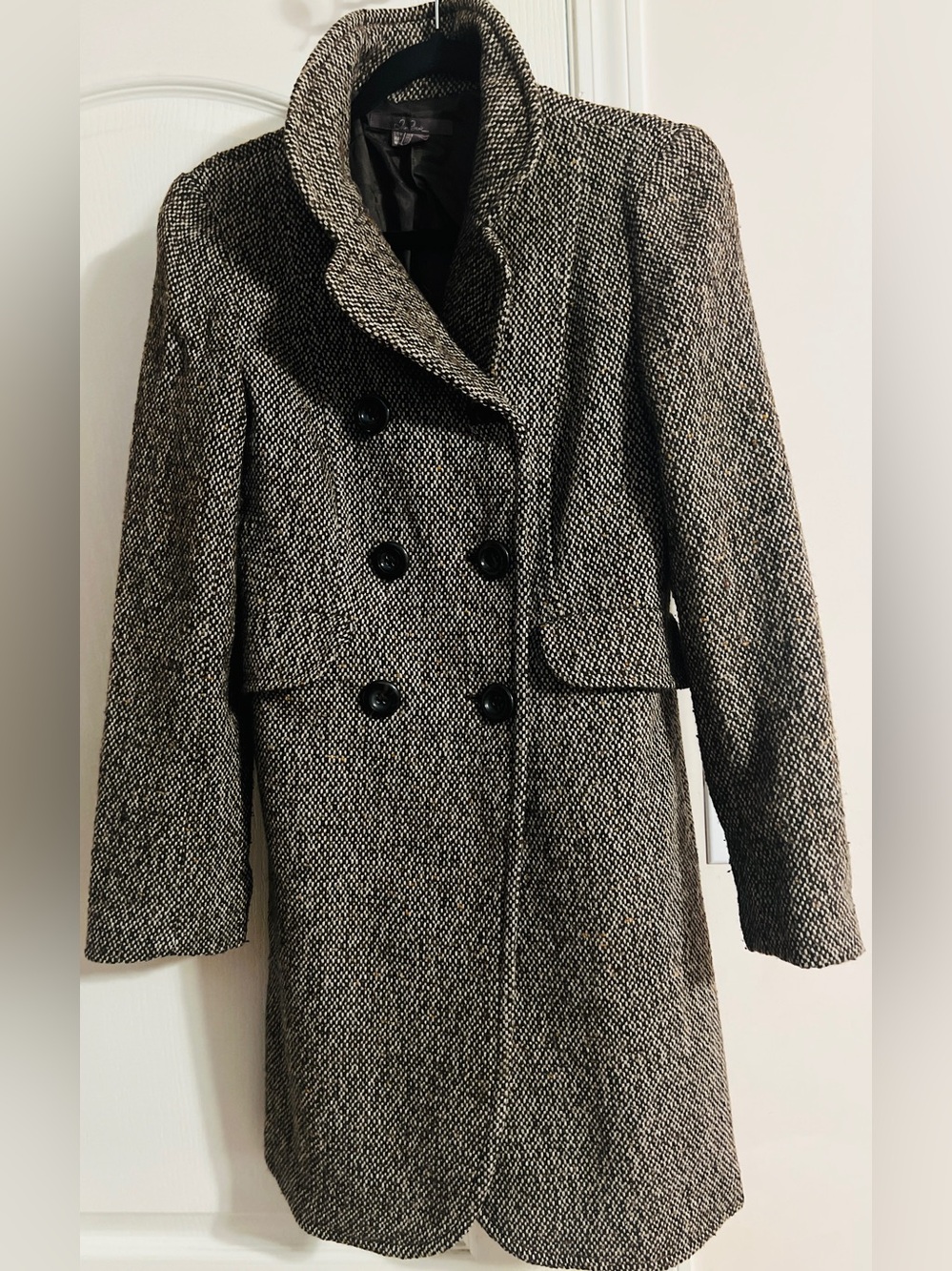 Zara Black & White Herringbone Double-Breasted Pea Coat